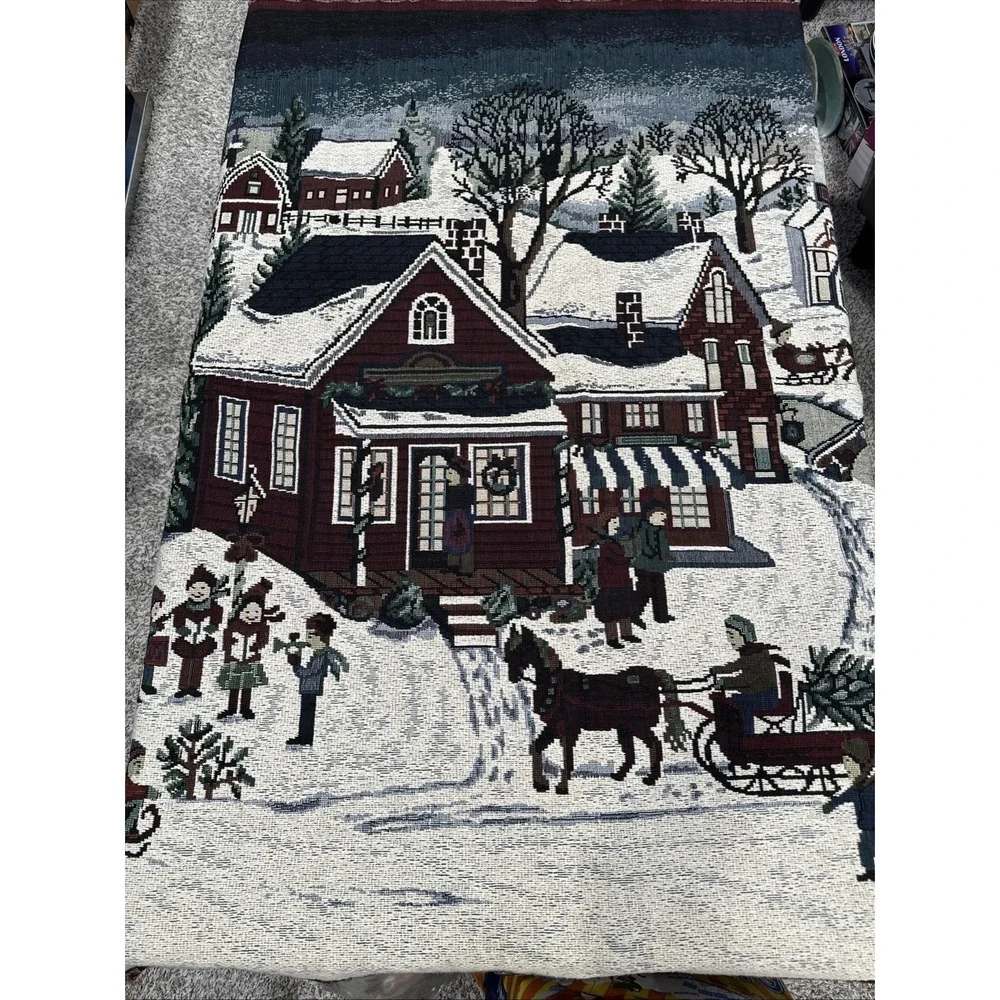 Vintage Christmas Village 46x54 Snow Throw‎ Blanket Tapestry Folk Grandma Sleigh